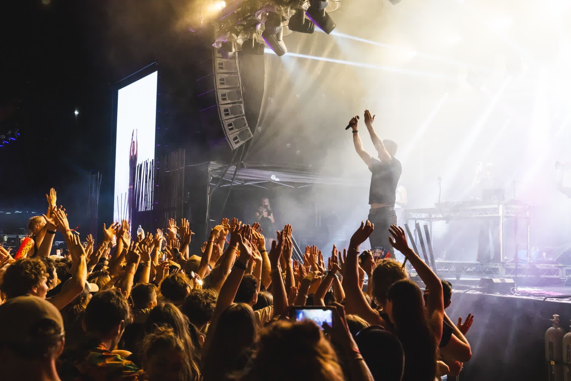 Concert scene with a singer on stage, hands raised in the air, vibrant lights, and an enthusiastic crowd capturing the moment.