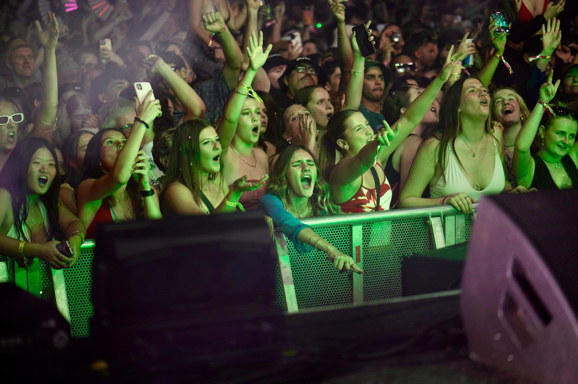 A lively crowd at a concert, with people cheering, raising hands, and taking photos, illuminated by green stage lights.