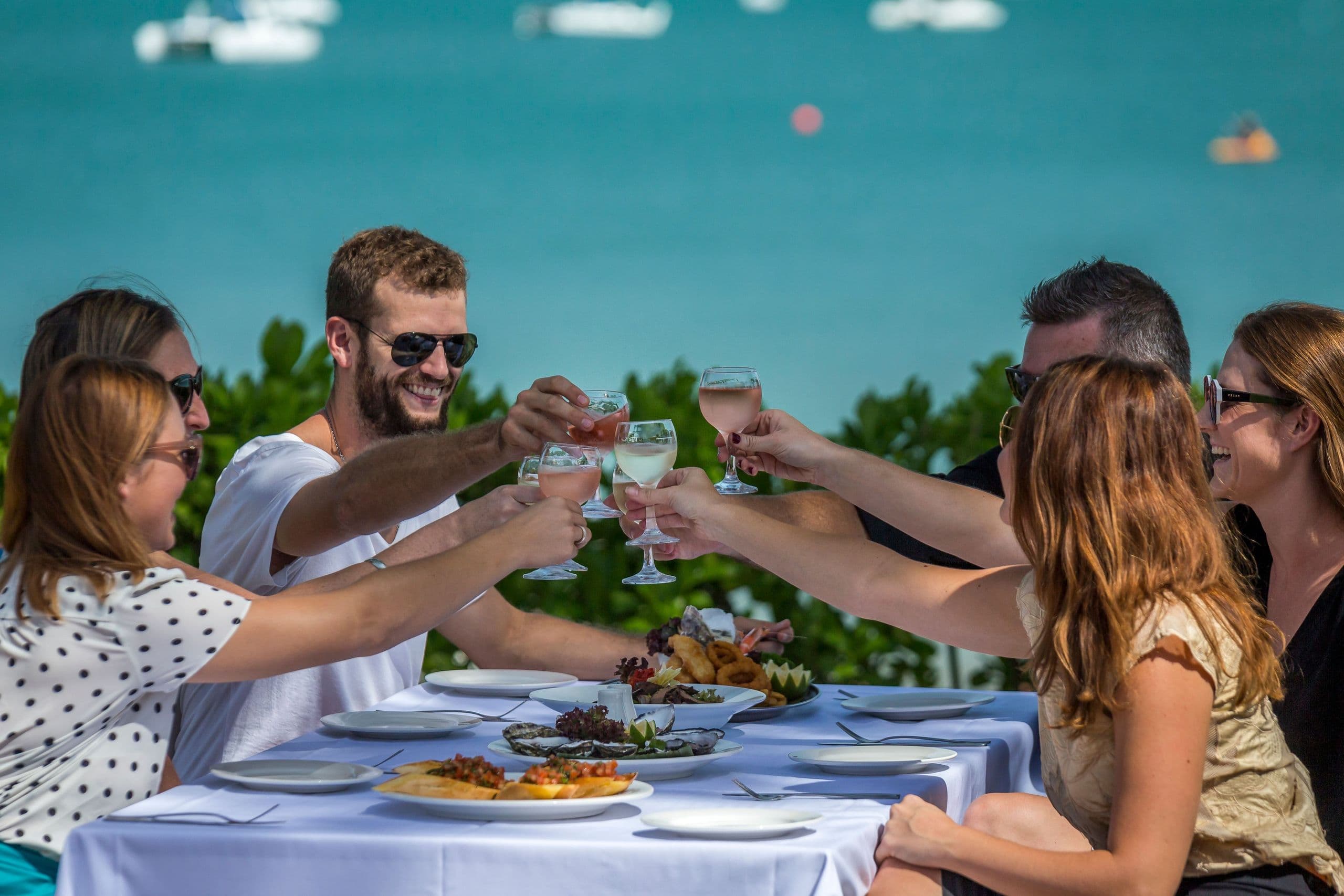 Six people clinking glasses at an outdoor dining table by the sea, with plates of food and boats visible in the background.