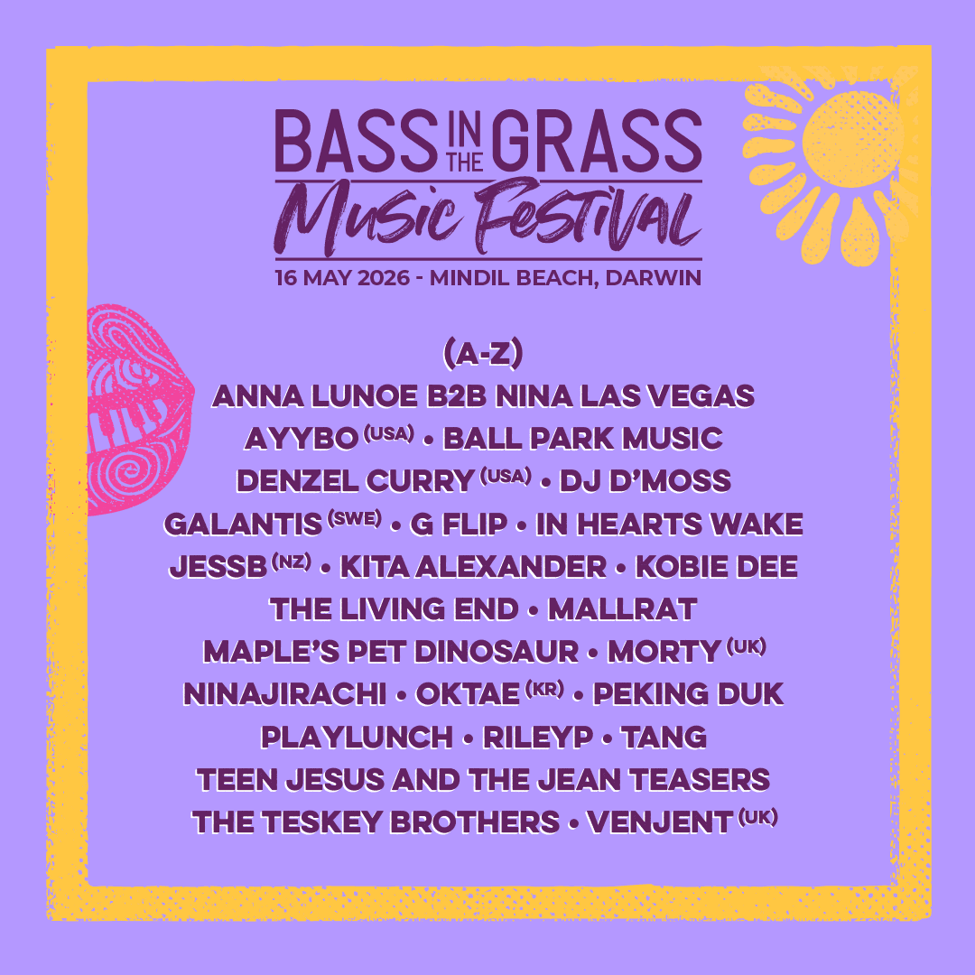 Purple poster for BASSINTHEGRASS Music Festival with a yellow frame, sun motif, and artist lineup.