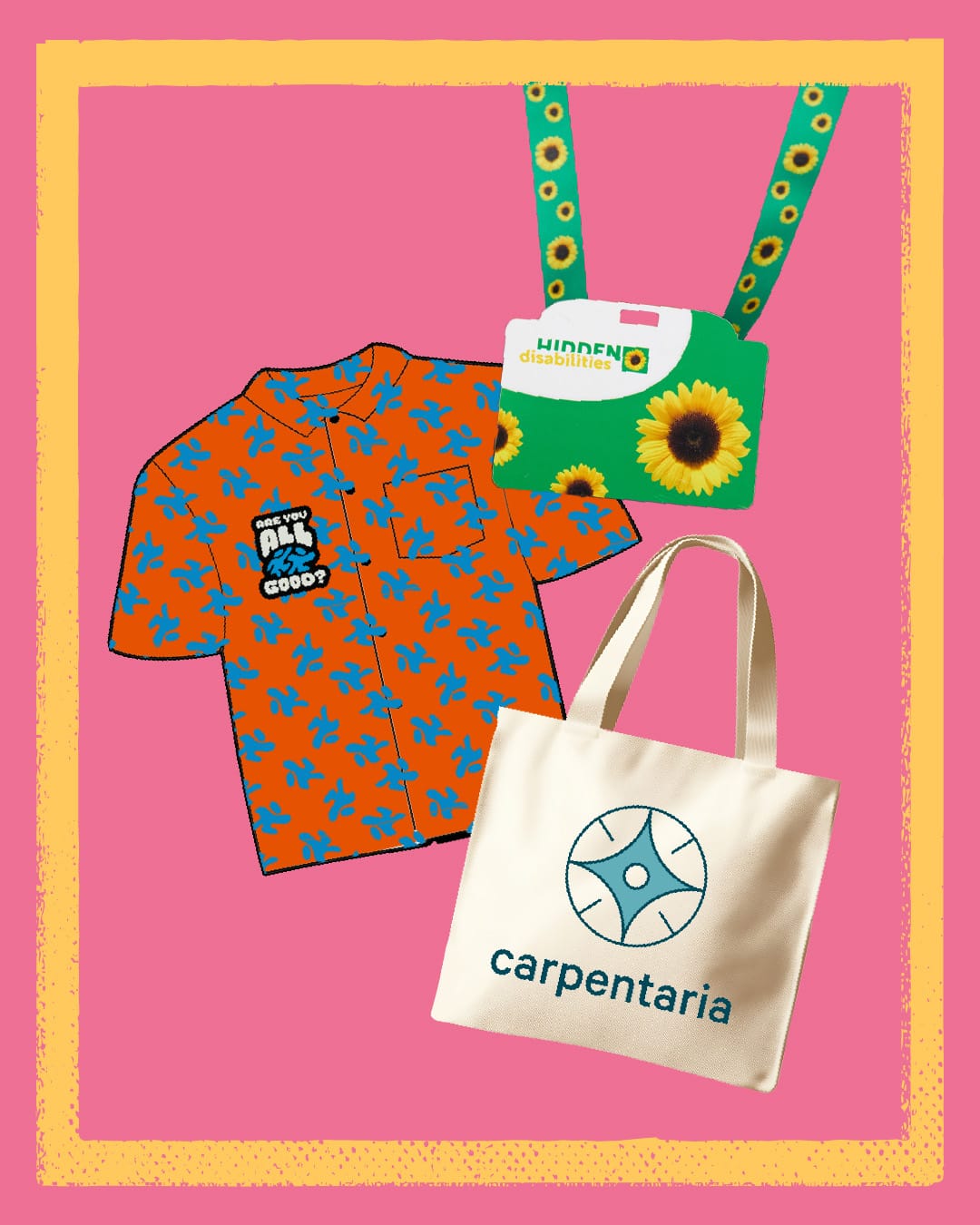 Cartoon-style shirt with blue flowers, a conference lanyard, and a tote bag with a logo, all on a pink background with yellow border.