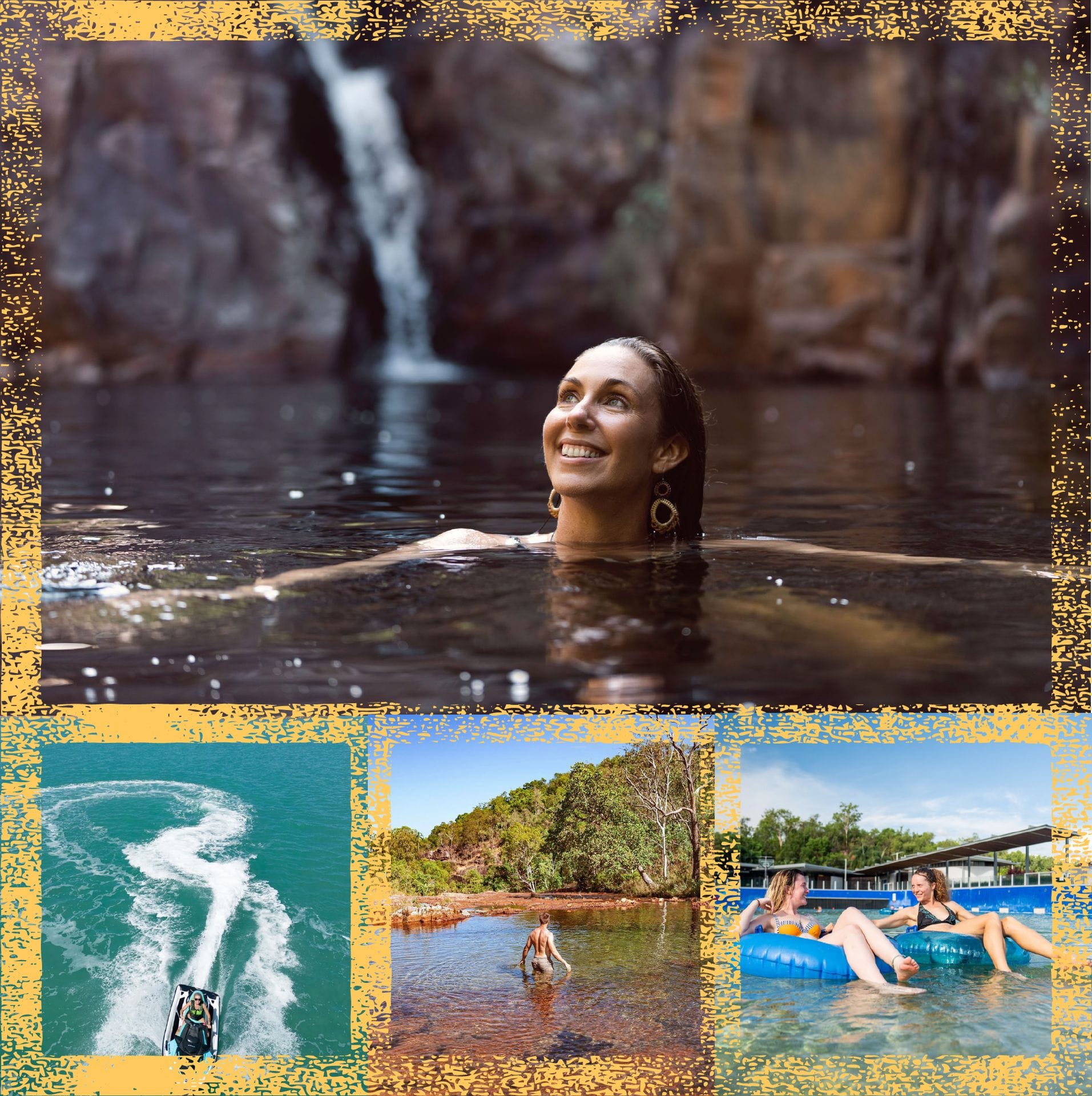 Collage of a woman swimming in a waterfall pool, jet skiing, a person in a natural spring, and two women on inflatables in a river.
