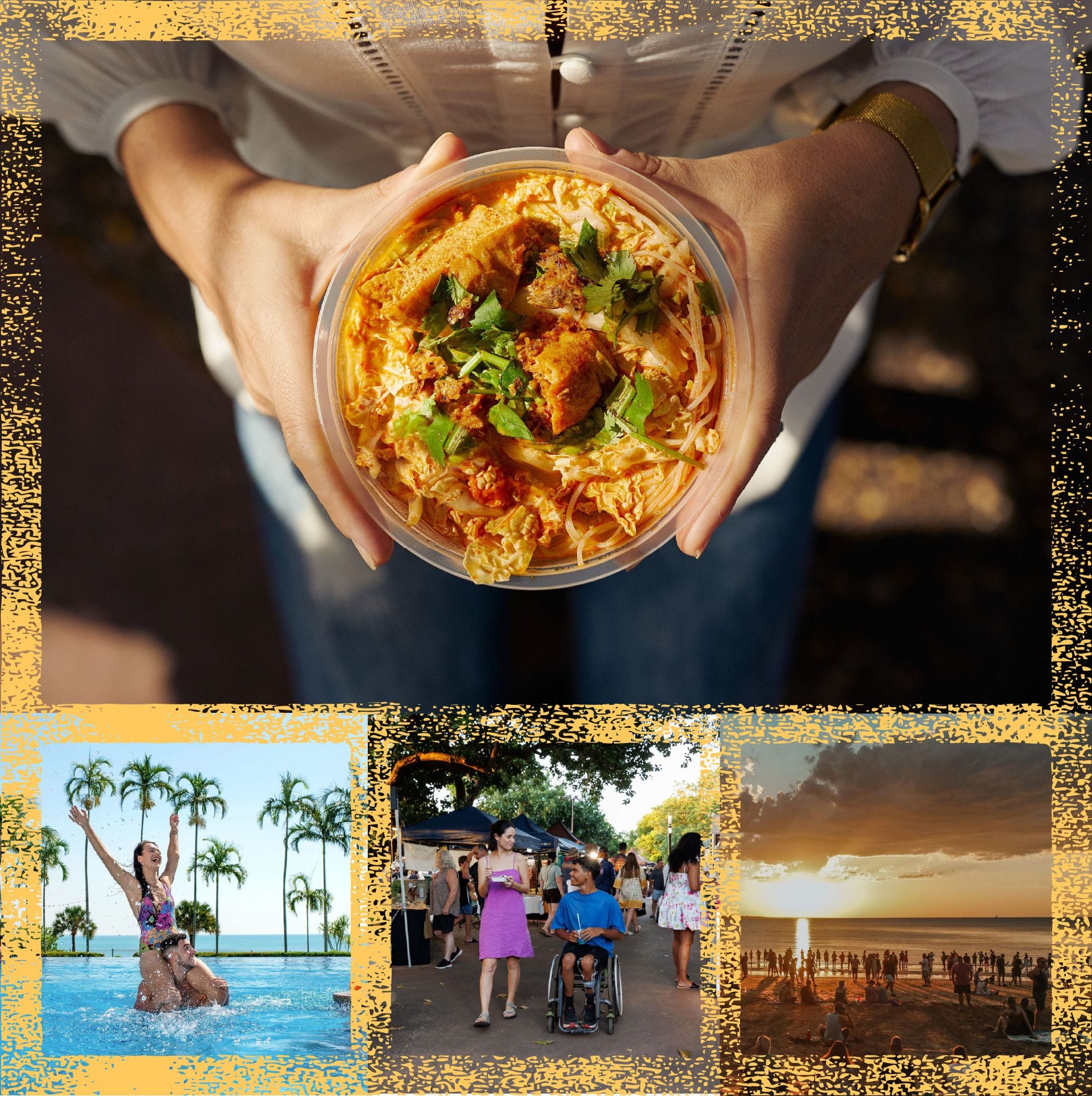 Collage: Person holding a bowl of food, woman in a pool, people at an outdoor market, and a sunset beach scene.