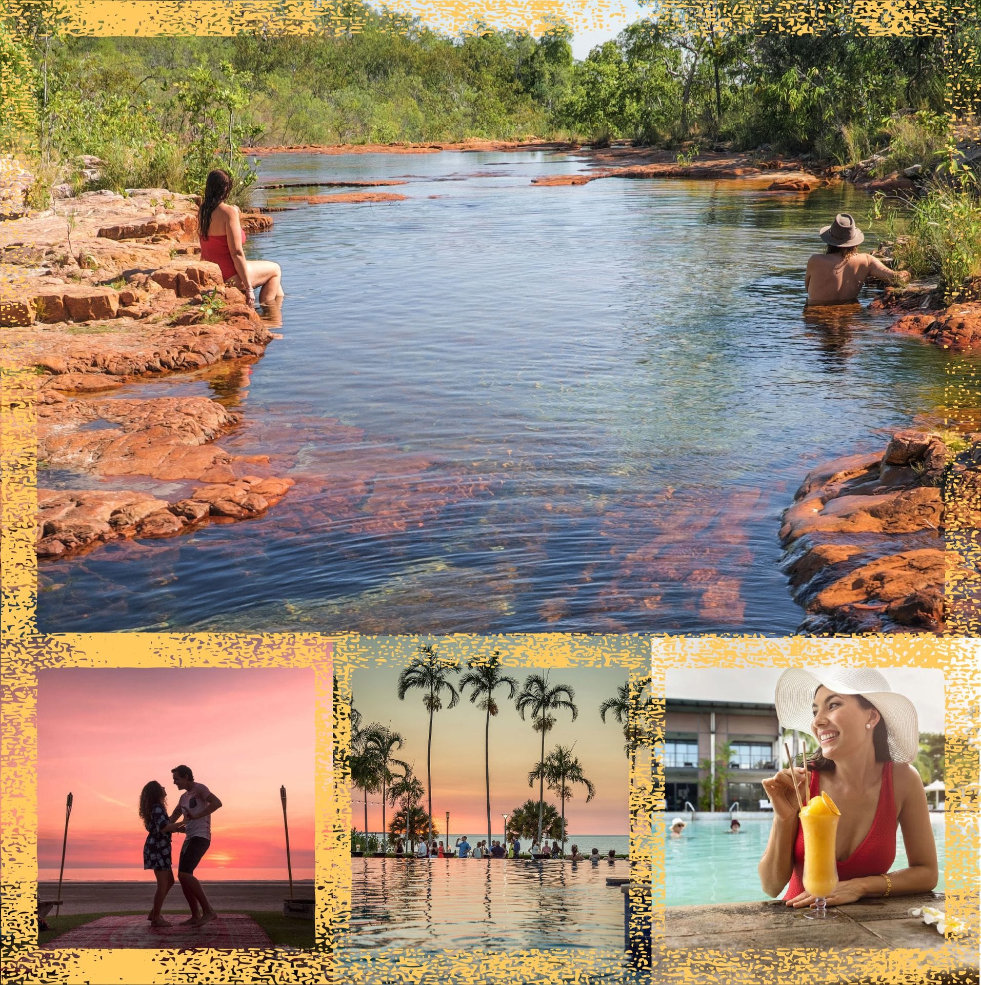 Collage of tropical scenes: people by a river, a sunset beach, palm trees by a pool, and a woman enjoying a drink in a pool.