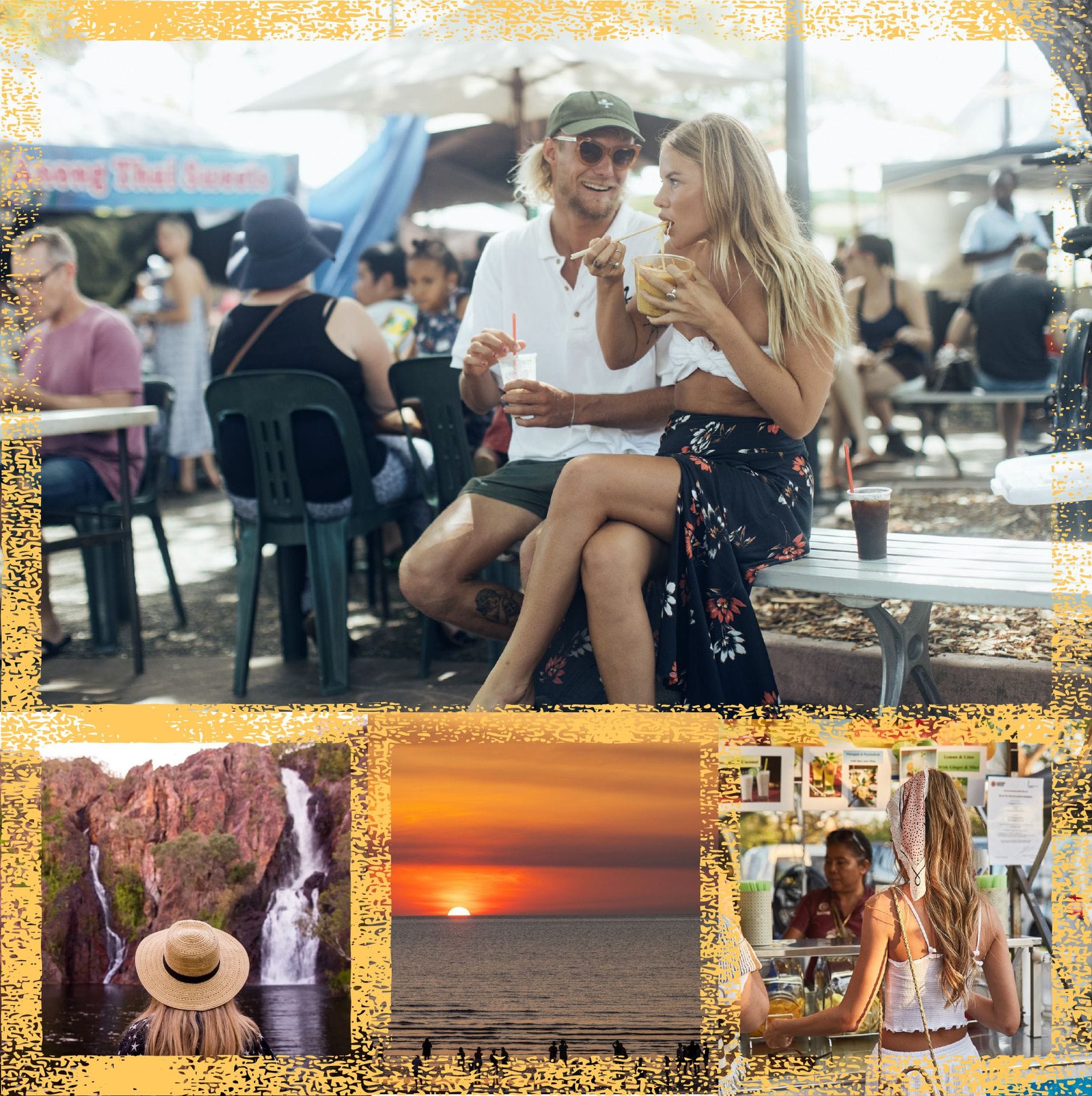 A couple enjoying drinks at an outdoor market, with scenes of a waterfall, sunset over the ocean, and a woman ordering food in the collage.