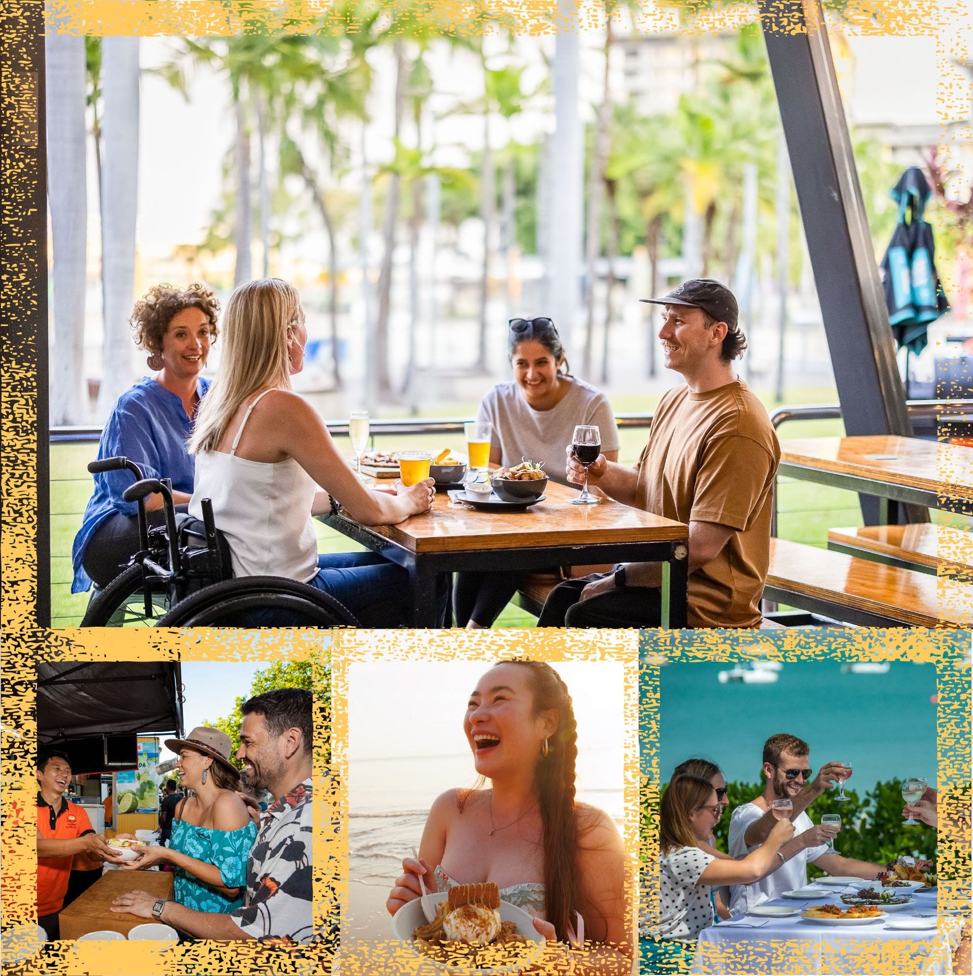 A group of people enjoying food and drinks at an outdoor restaurant, with palm trees in the background. Additional images show more dining scenes.