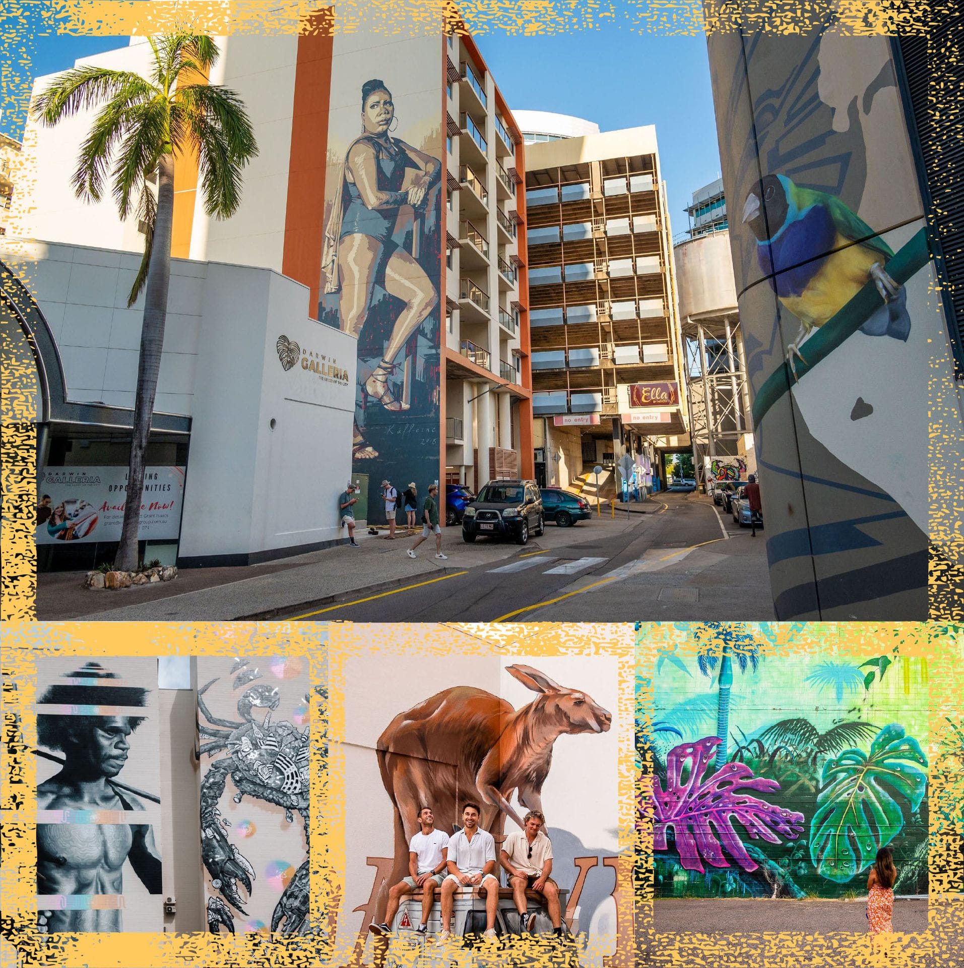 Collage of vibrant urban murals featuring people, animals, and abstract designs on tall buildings and walls in a city setting.