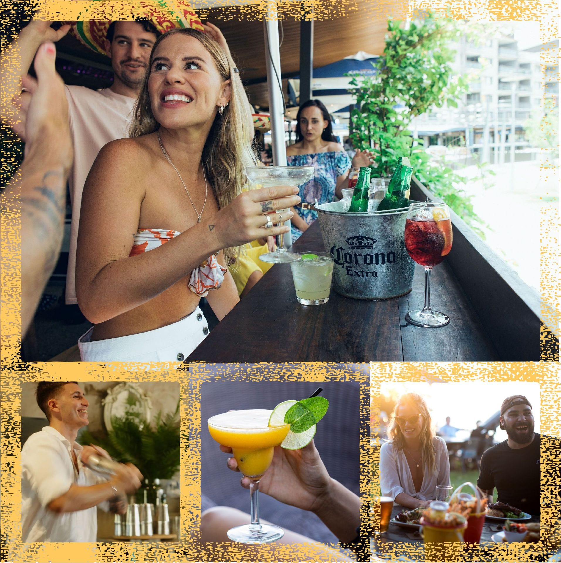 People enjoying cocktails at a bar, with a bucket of drinks on the counter and a bartender mixing a drink.