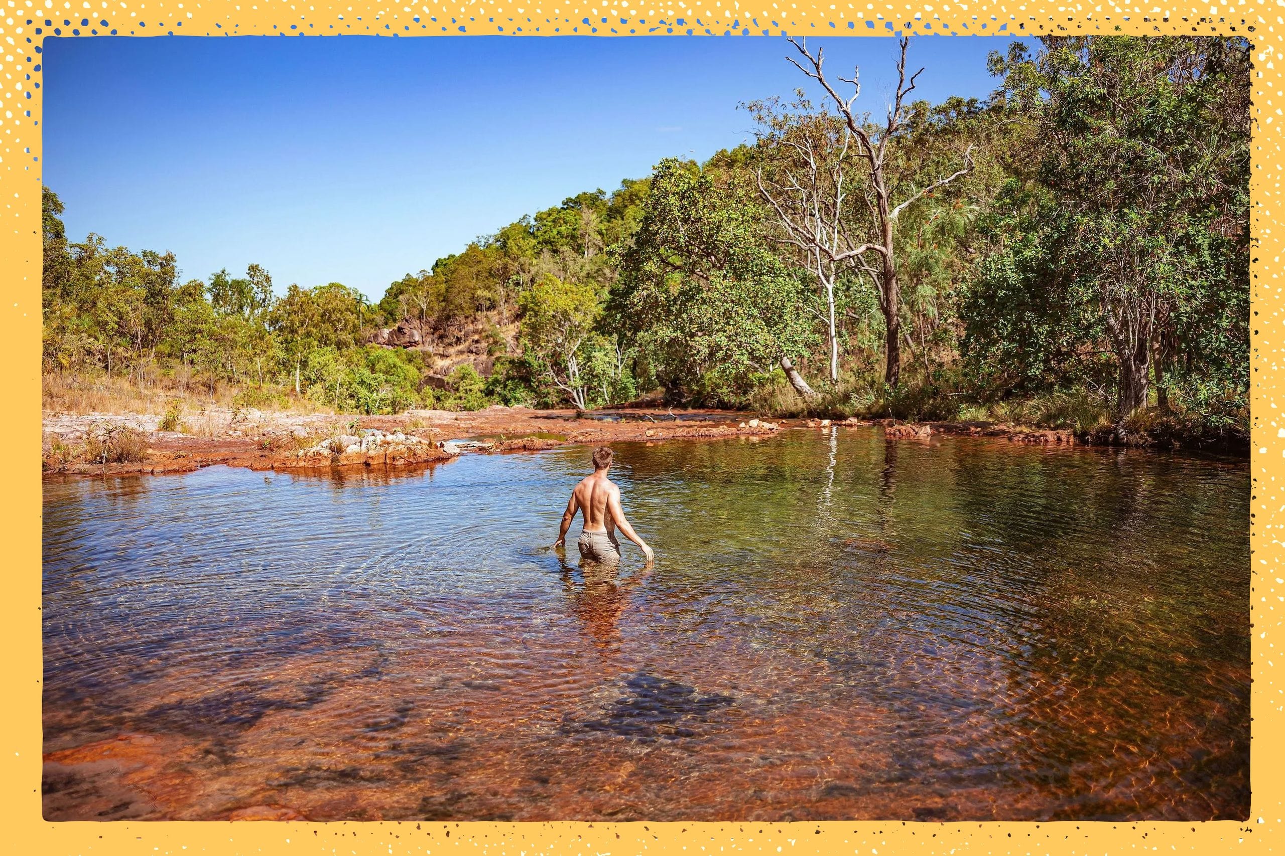 A person wades through a clear, shallow stream surrounded by lush greenery and a clear blue sky.